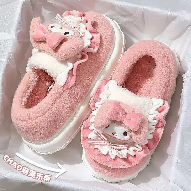 Hellokitty Cat Cotton Slippers Women's Winter Bag Heel 2024 New Cute Plush Fleece-Lined Postpartum Cotton Shoes for Women