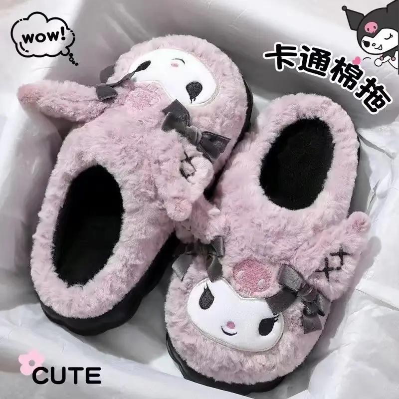 Hellokitty Cat Cotton Slippers Women's Winter Bag Heel 2024 New Cute Plush Fleece-Lined Postpartum Cotton Shoes for Women