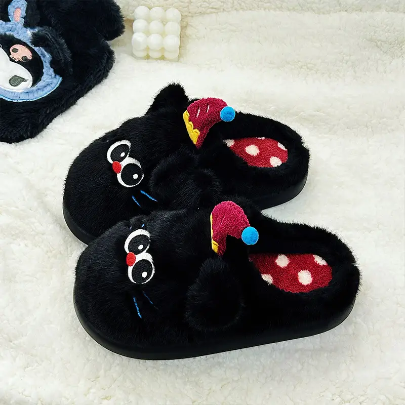 Hellokitty Cat Cotton Slippers Women's Winter Bag Heel 2024 New Cute Plush Fleece-Lined Postpartum Cotton Shoes for Women