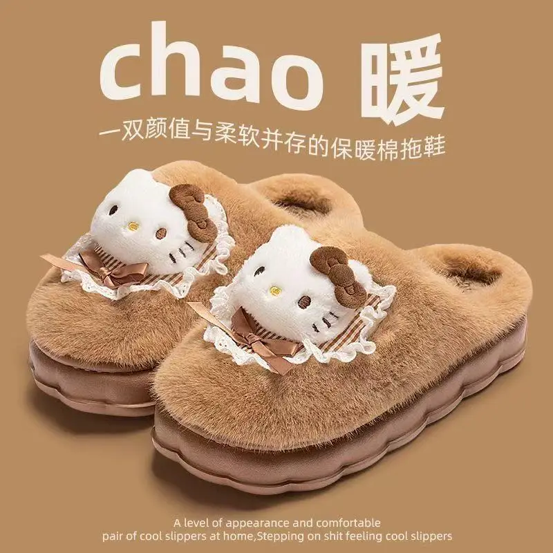 Hellokitty Cat Cotton Slippers Women's Winter Bag Heel 2024 New Cute Plush Fleece-Lined Postpartum Cotton Shoes for Women