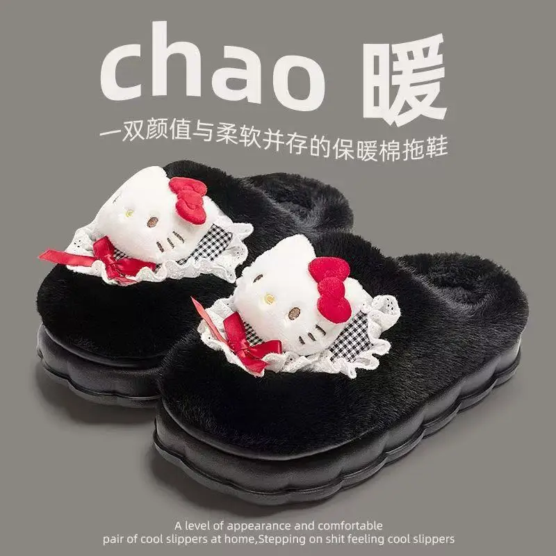 Hellokitty Cat Cotton Slippers Women's Winter Bag Heel 2024 New Cute Plush Fleece-Lined Postpartum Cotton Shoes for Women