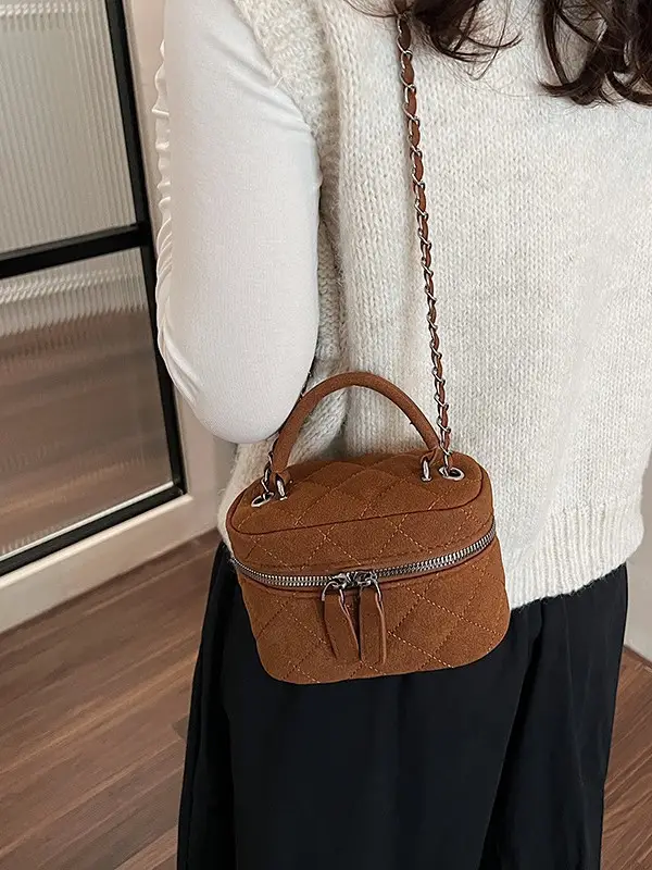 Brown Quilted Crossbody Bag with Chain for Women - Image 6