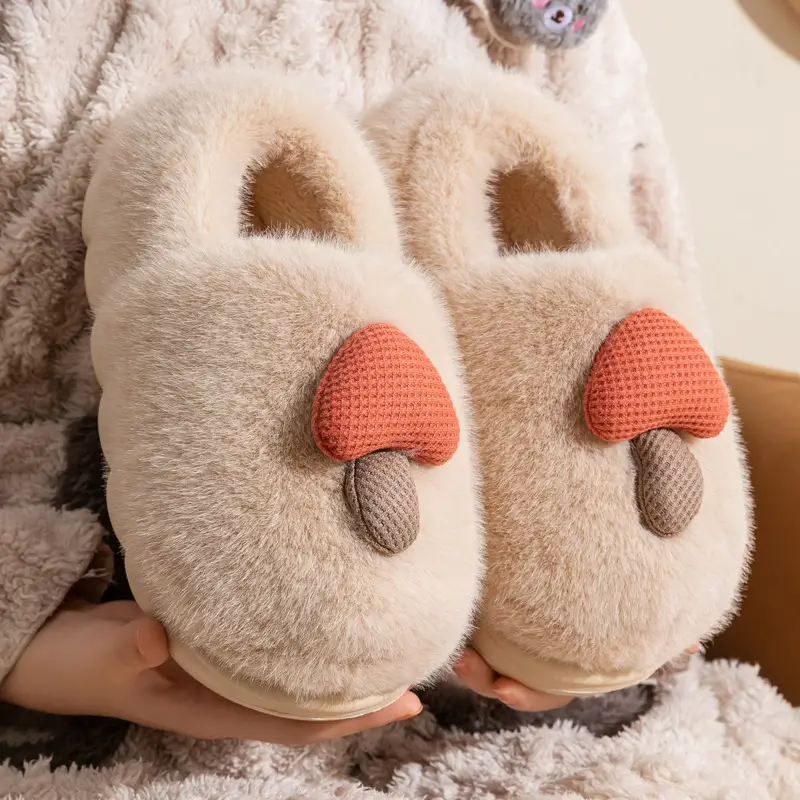 Cute Mushroom Cotton Slippers Women's Winter Warm Heel Household Non-slip Couple's fleece-lined Thick-soled Mao Mao Shoes for Women