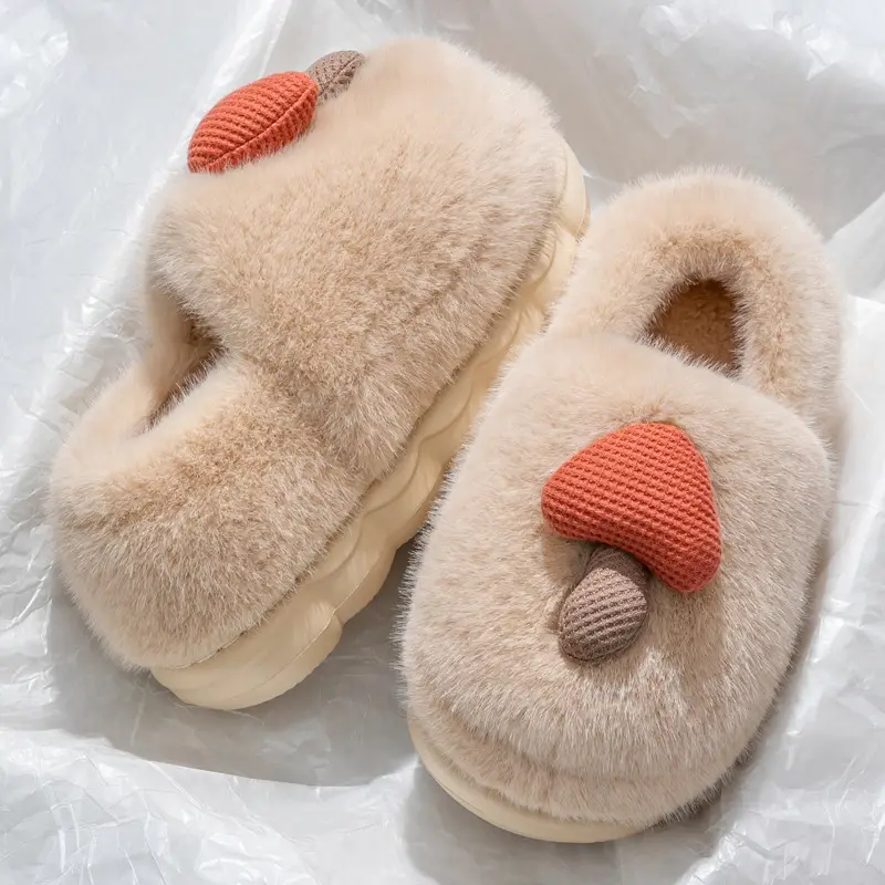 Cute Mushroom Cotton Slippers Women's Winter Warm Heel Household Non-slip Couple's fleece-lined Thick-soled Mao Mao Shoes for Women