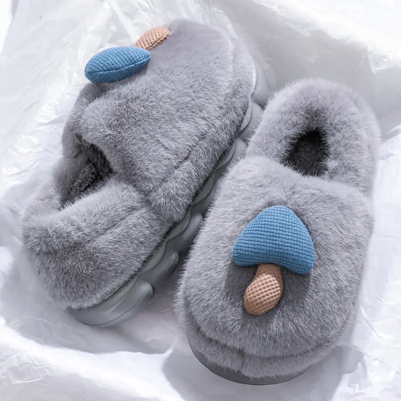 Cute Mushroom Cotton Slippers Women's Winter Warm Heel Household Non-slip Couple's fleece-lined Thick-soled Mao Mao Shoes for Women