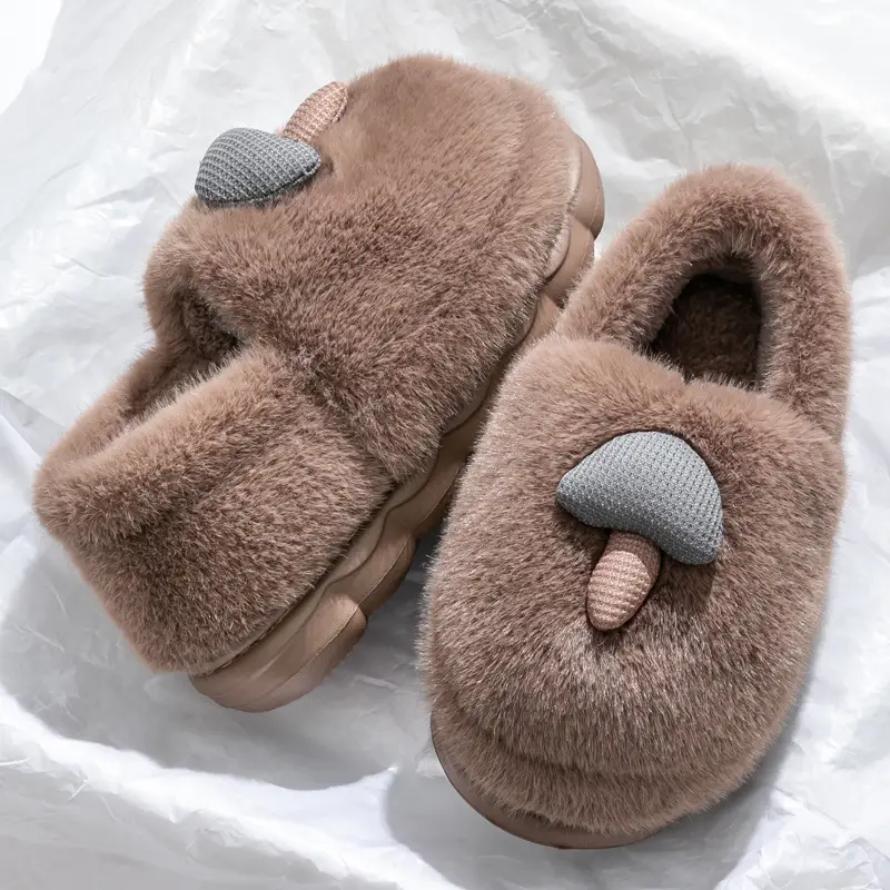 Cute Mushroom Cotton Slippers Women's Winter Warm Heel Household Non-slip Couple's fleece-lined Thick-soled Mao Mao Shoes for Women