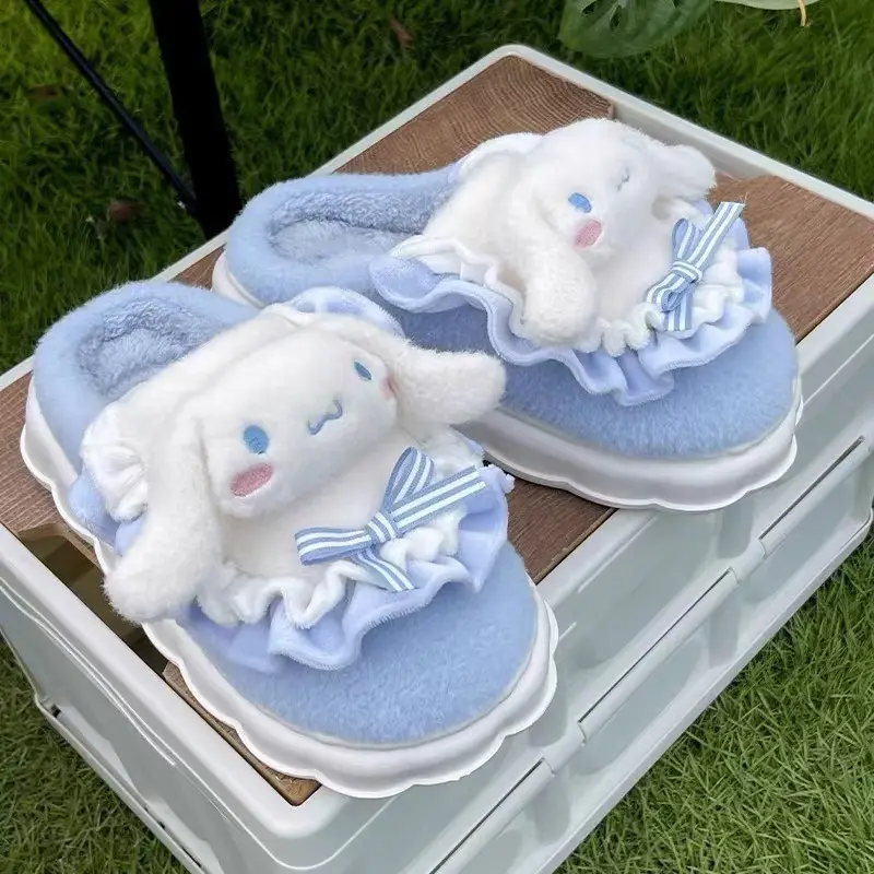 Hellokitty Cat Cotton Slippers Women's Winter Bag Heel 2024 New Cute Plush Fleece-Lined Postpartum Cotton Shoes for Women