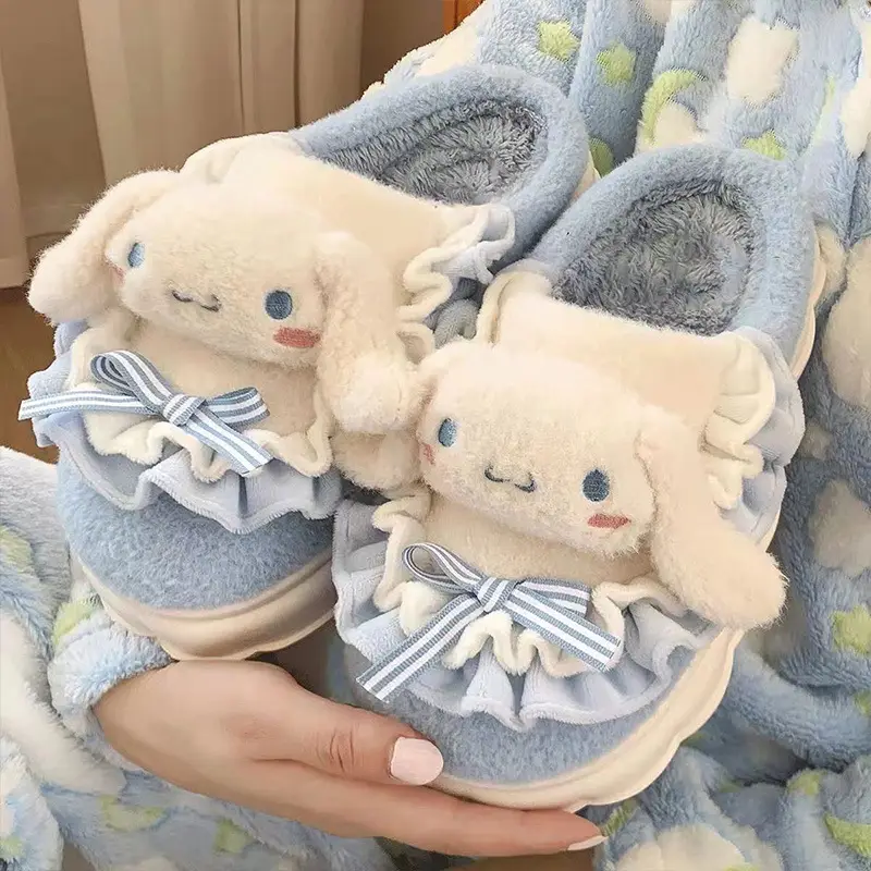 Hellokitty Cat Cotton Slippers Women's Winter Bag Heel 2024 New Cute Plush Fleece-Lined Postpartum Cotton Shoes for Women