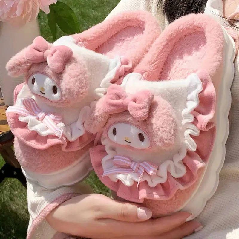 Hellokitty Cat Cotton Slippers Women's Winter Bag Heel 2024 New Cute Plush Fleece-Lined Postpartum Cotton Shoes for Women