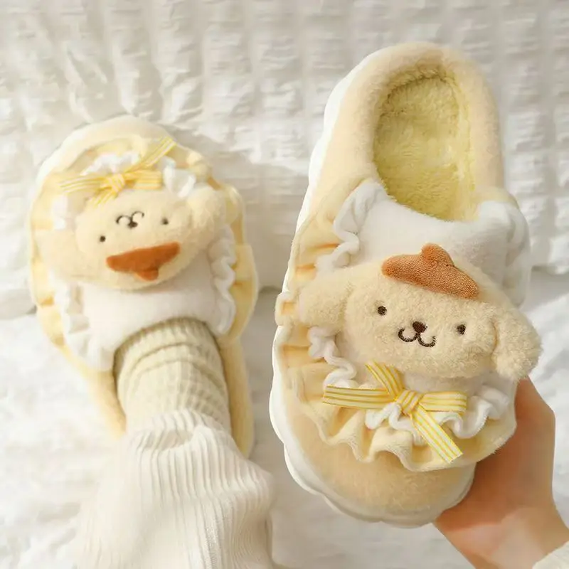 Hellokitty Cat Cotton Slippers Women's Winter Bag Heel 2024 New Cute Plush Fleece-Lined Postpartum Cotton Shoes for Women