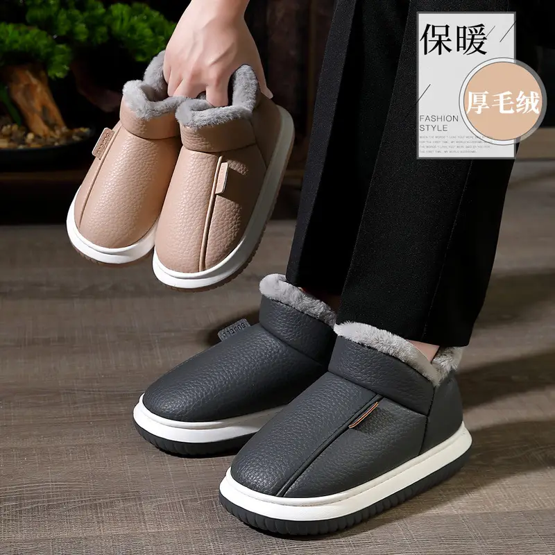 Pu Waterproof Cotton Slippers for Men in Winter, Plush Thickened Warm Men's Winter Home Closed-Back Cotton Shoes for Women Wholesale - Image 3