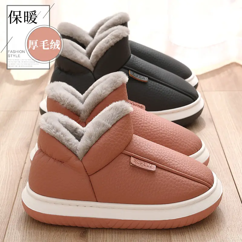 Pu Waterproof Cotton Slippers for Men in Winter, Plush Thickened Warm Men's Winter Home Closed-Back Cotton Shoes for Women Wholesale - Image 4