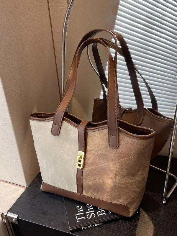 Women Contrast Color Bag Large Capacity Winter Commuter Tote - Image 3