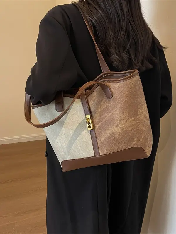 Women Contrast Color Bag Large Capacity Winter Commuter Tote - Image 4