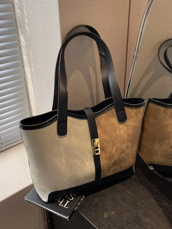 Women Contrast Color Bag Large Capacity Winter Commuter Tote - Image 5