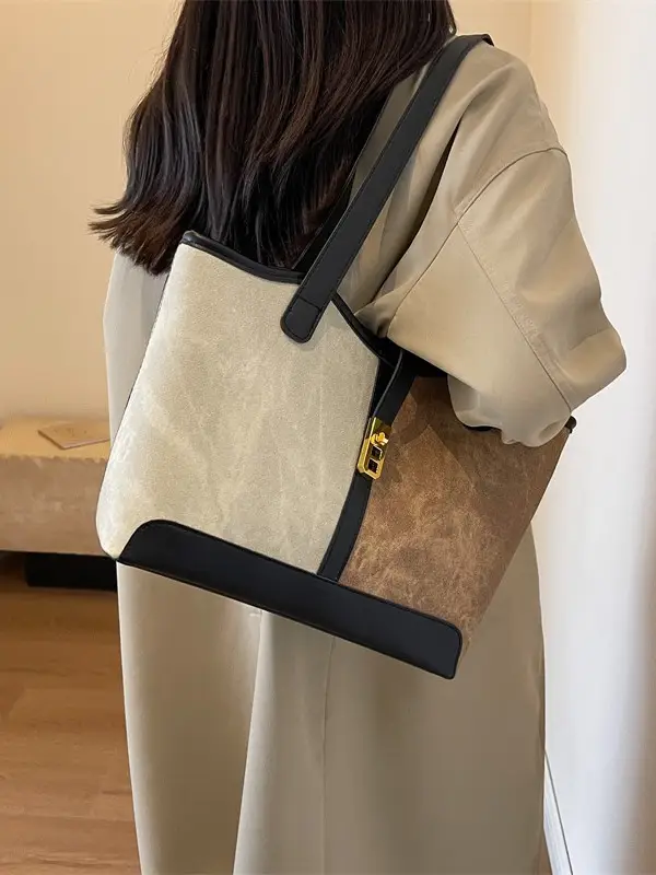 Women Contrast Color Bag Large Capacity Winter Commuter Tote - Image 6