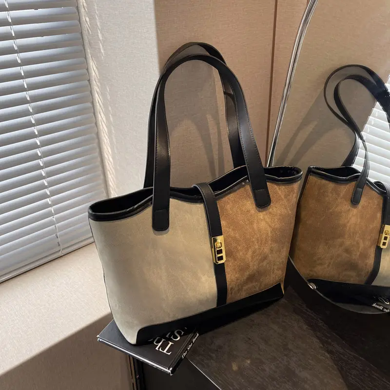 Women Contrast Color Bag Large Capacity Winter Commuter Tote - Image 2
