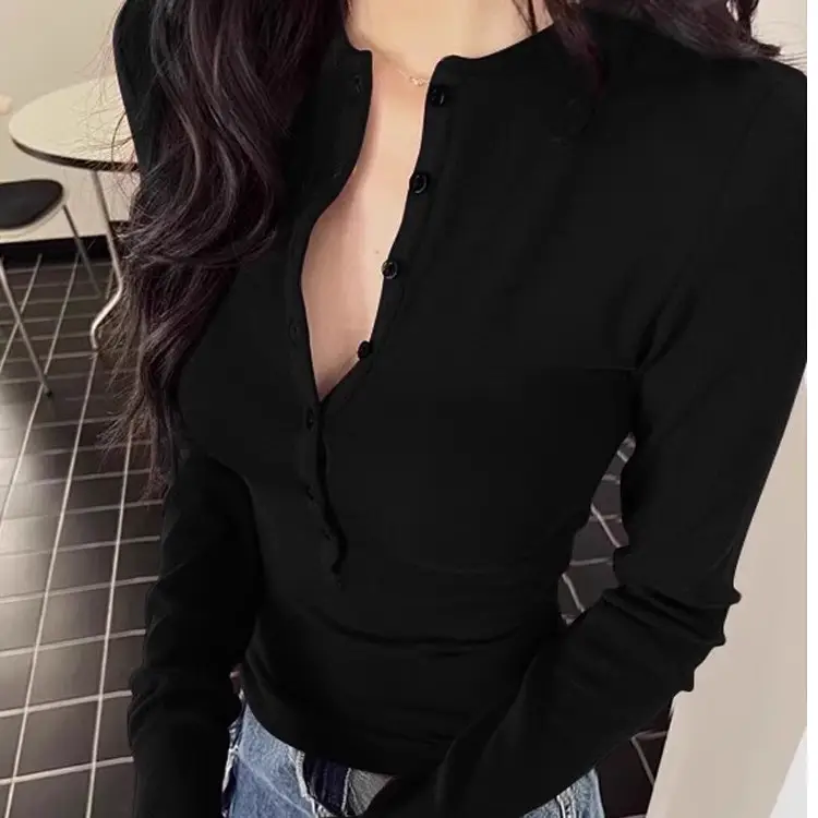 American Spice Girls Half-open-collar Red White T-shirt Women's Inner Base Shirt V-neck Long-sleeved Top Trendy - Image 5
