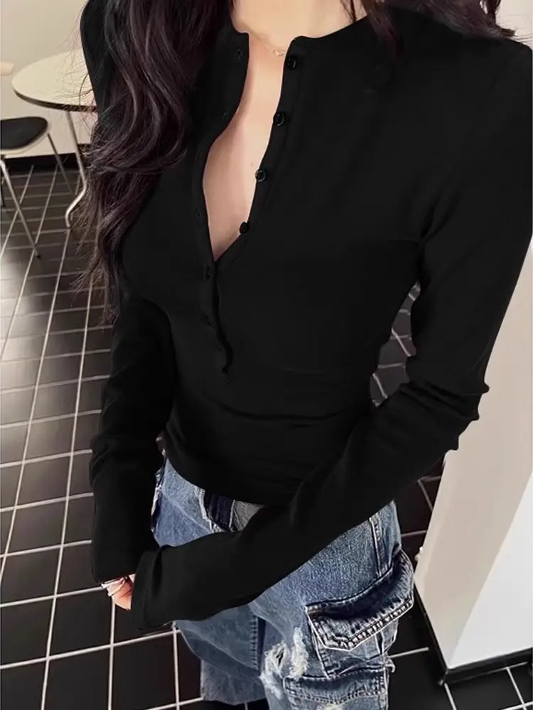 American Spice Girls Half-open-collar Red White T-shirt Women's Inner Base Shirt V-neck Long-sleeved Top Trendy — feature 2