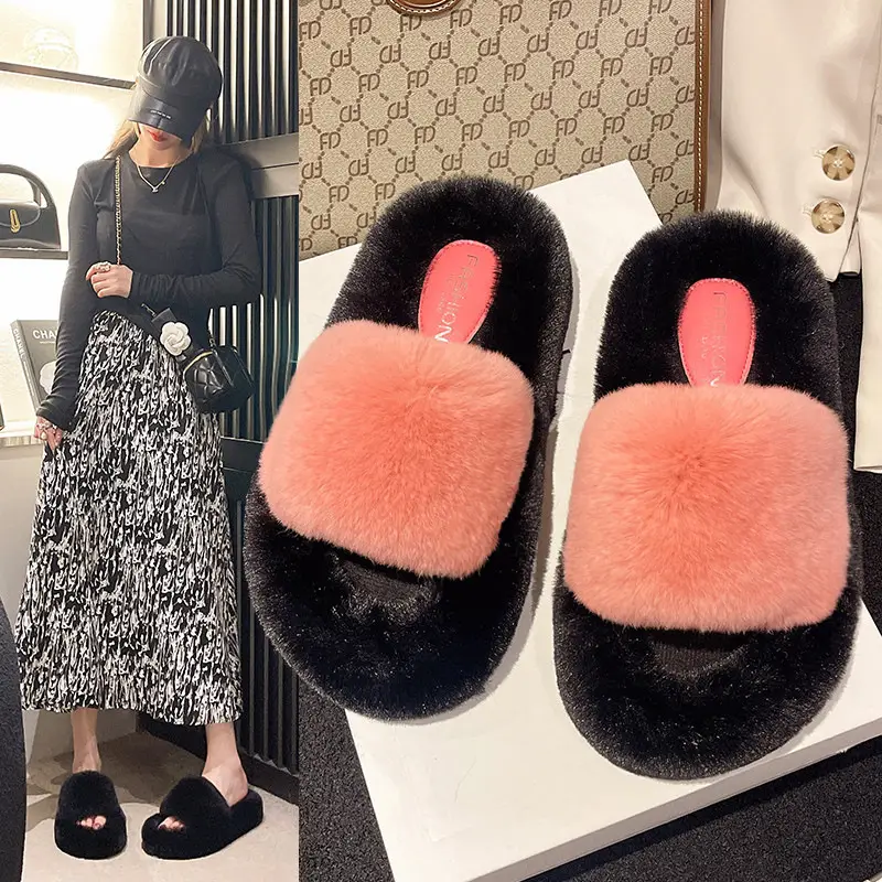 Wear Thick-Soled Real Fur Slippers for Women 2024 Summer and Autumn New Style Indoor Home Air-Conditioned Room Lazy One-Word Cotton Slippers