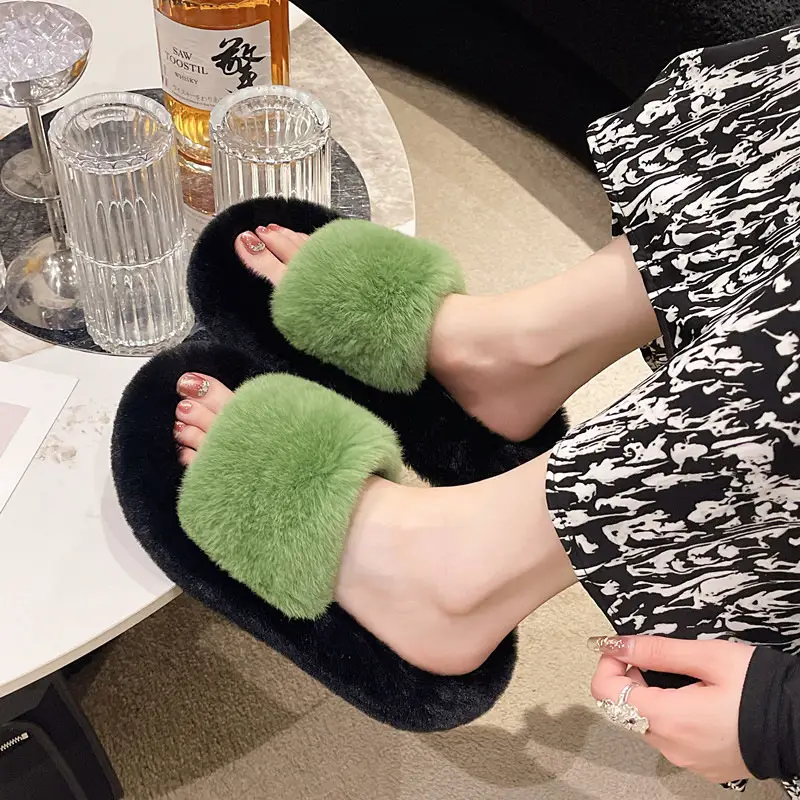 Wear Thick-Soled Real Fur Slippers for Women 2024 Summer and Autumn New Style Indoor Home Air-Conditioned Room Lazy One-Word Cotton Slippers