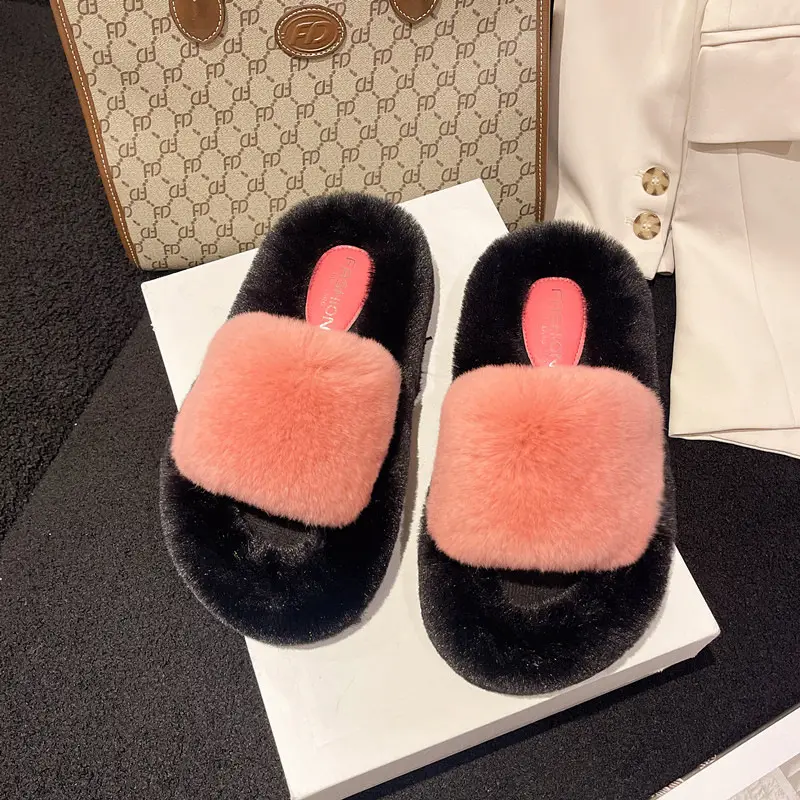 Wear Thick-Soled Real Fur Slippers for Women 2024 Summer and Autumn New Style Indoor Home Air-Conditioned Room Lazy One-Word Cotton Slippers