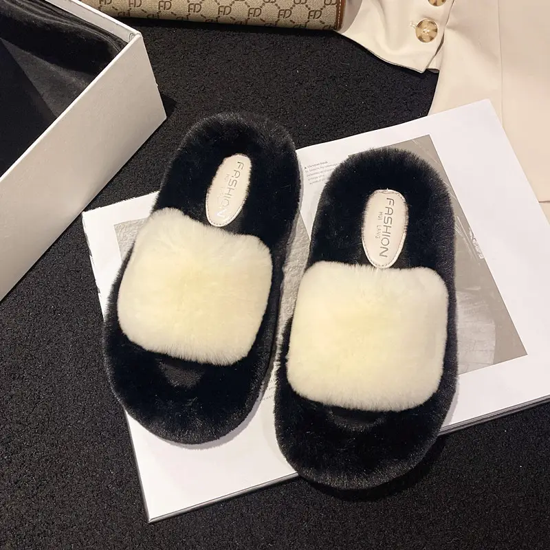 Wear Thick-Soled Real Fur Slippers for Women 2024 Summer and Autumn New Style Indoor Home Air-Conditioned Room Lazy One-Word Cotton Slippers