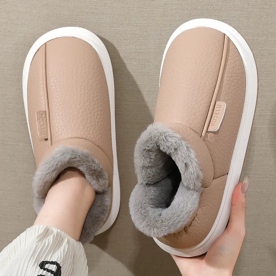 Pu Cotton Shoes Men's Winter Home Indoor Non-Slip Thick Sole Fleece-Lined Warm Poop Feeling Waterproof Cotton Slippers Women's Wholesale Winter