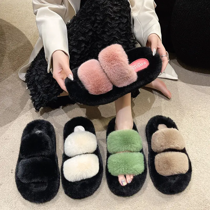 New Color-Blocked Thick-Soled Furry Slippers for Women, Casual Korean Style Parallel-Bar Furry Shoes, Fashionable Home Wear Cotton Slippers for Women