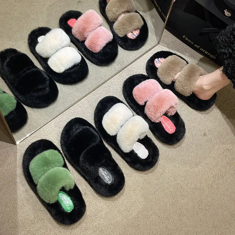 New Color-Blocked Thick-Soled Furry Slippers for Women, Casual Korean Style Parallel-Bar Furry Shoes, Fashionable Home Wear Cotton Slippers for Women