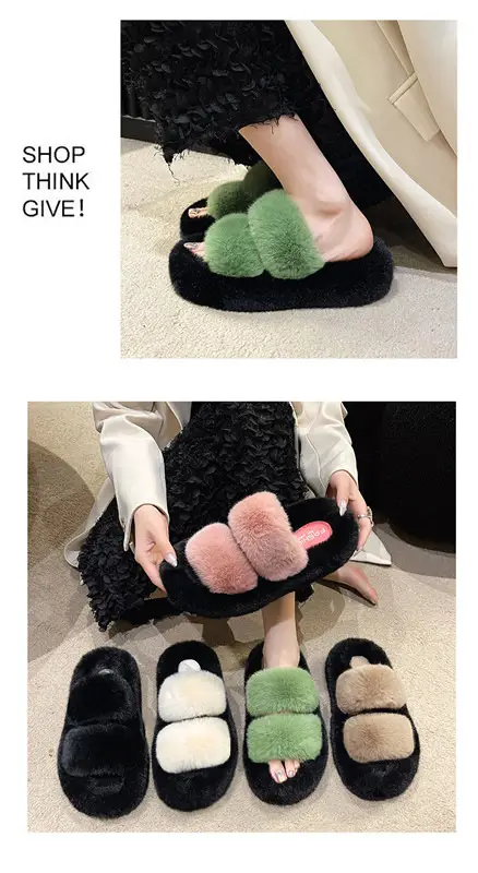 New Color-Blocked Thick-Soled Furry Slippers for Women, Casual Korean Style Parallel-Bar Furry Shoes, Fashionable Home Wear Cotton Slippers for Women — feature 10