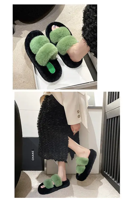 New Color-Blocked Thick-Soled Furry Slippers for Women, Casual Korean Style Parallel-Bar Furry Shoes, Fashionable Home Wear Cotton Slippers for Women — feature 11