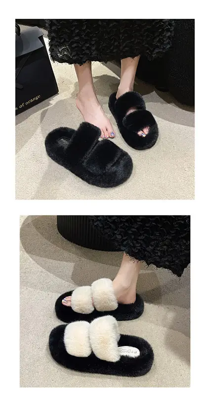 New Color-Blocked Thick-Soled Furry Slippers for Women, Casual Korean Style Parallel-Bar Furry Shoes, Fashionable Home Wear Cotton Slippers for Women — feature 13