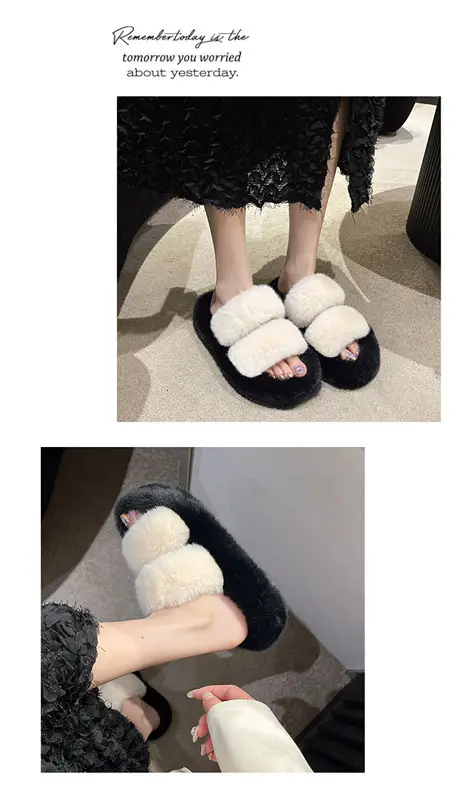 New Color-Blocked Thick-Soled Furry Slippers for Women, Casual Korean Style Parallel-Bar Furry Shoes, Fashionable Home Wear Cotton Slippers for Women — feature 14