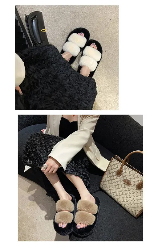 New Color-Blocked Thick-Soled Furry Slippers for Women, Casual Korean Style Parallel-Bar Furry Shoes, Fashionable Home Wear Cotton Slippers for Women — feature 15
