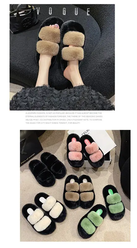 New Color-Blocked Thick-Soled Furry Slippers for Women, Casual Korean Style Parallel-Bar Furry Shoes, Fashionable Home Wear Cotton Slippers for Women — feature 17