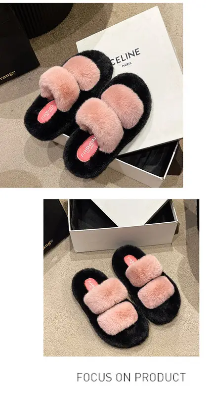 New Color-Blocked Thick-Soled Furry Slippers for Women, Casual Korean Style Parallel-Bar Furry Shoes, Fashionable Home Wear Cotton Slippers for Women — feature 18