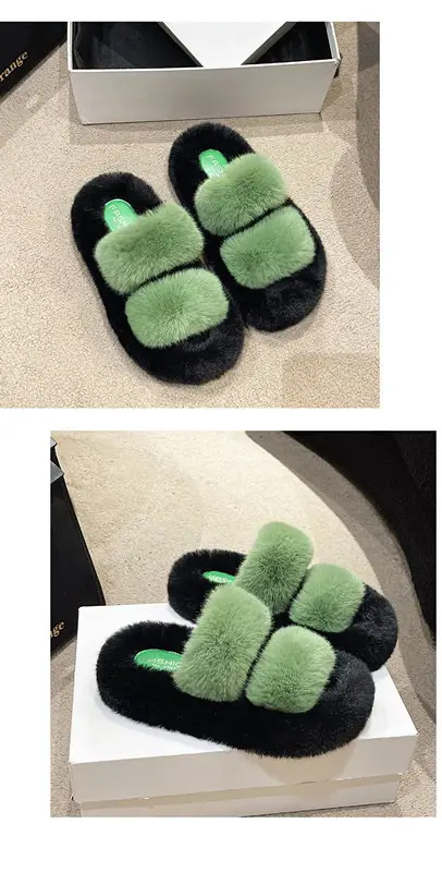 New Color-Blocked Thick-Soled Furry Slippers for Women, Casual Korean Style Parallel-Bar Furry Shoes, Fashionable Home Wear Cotton Slippers for Women — feature 19