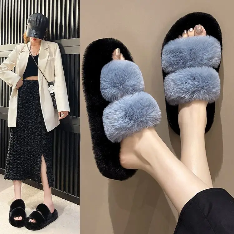 New Color-Blocked Thick-Soled Furry Slippers for Women, Casual Korean Style Parallel-Bar Furry Shoes, Fashionable Home Wear Cotton Slippers for Women — feature 2