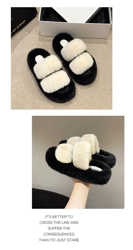 New Color-Blocked Thick-Soled Furry Slippers for Women, Casual Korean Style Parallel-Bar Furry Shoes, Fashionable Home Wear Cotton Slippers for Women — feature 22