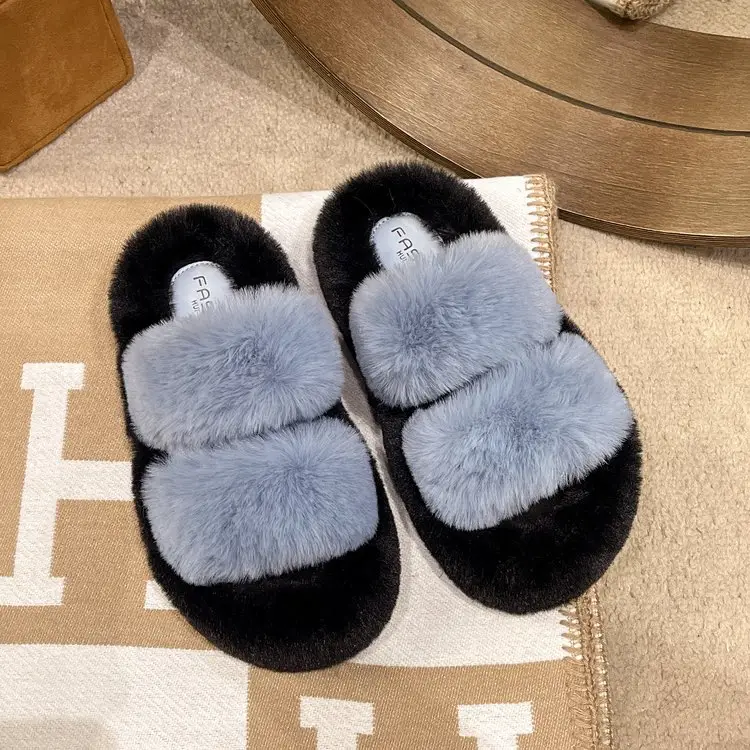 New Color-Blocked Thick-Soled Furry Slippers for Women, Casual Korean Style Parallel-Bar Furry Shoes, Fashionable Home Wear Cotton Slippers for Women — feature 3
