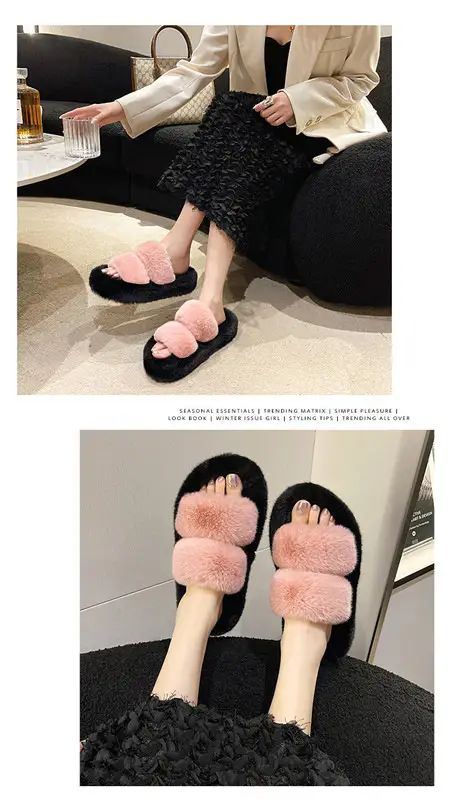 New Color-Blocked Thick-Soled Furry Slippers for Women, Casual Korean Style Parallel-Bar Furry Shoes, Fashionable Home Wear Cotton Slippers for Women — feature 8