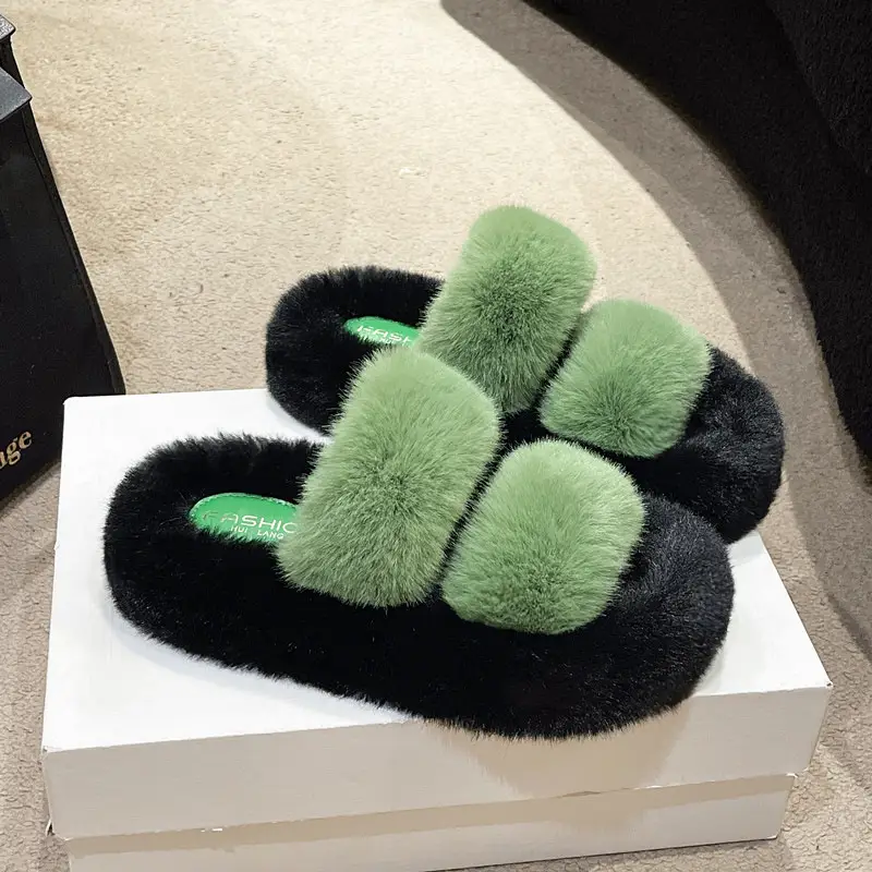 New Color-Blocked Thick-Soled Furry Slippers for Women, Casual Korean Style Parallel-Bar Furry Shoes, Fashionable Home Wear Cotton Slippers for Women