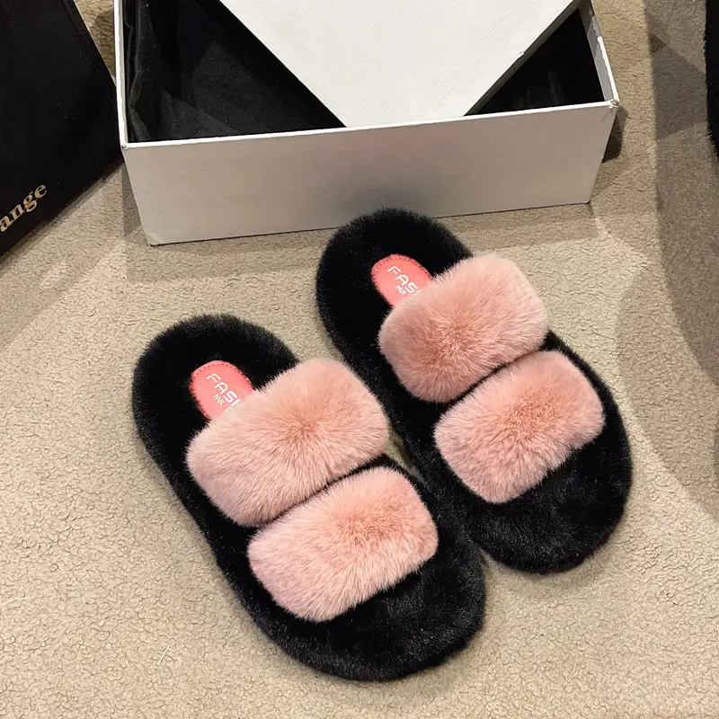 New Color-Blocked Thick-Soled Furry Slippers for Women, Casual Korean Style Parallel-Bar Furry Shoes, Fashionable Home Wear Cotton Slippers for Women
