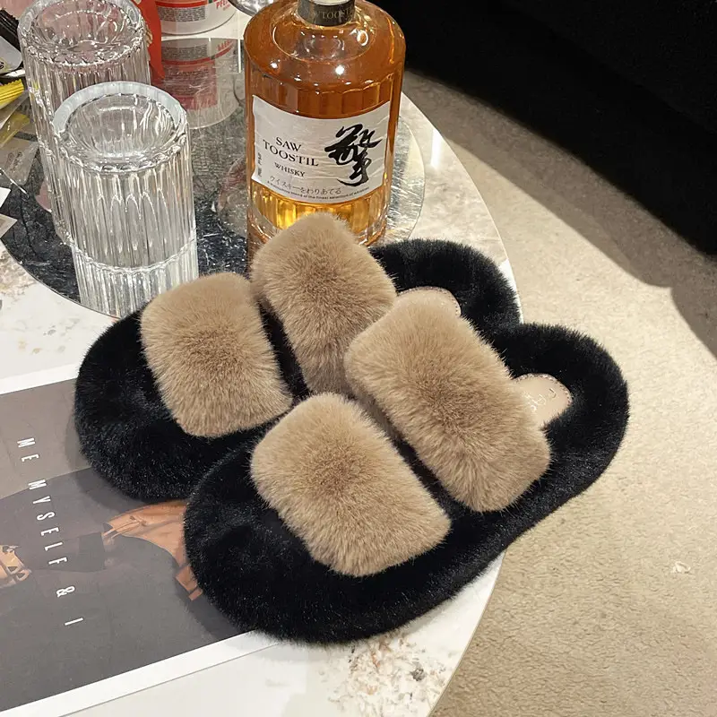 New Color-Blocked Thick-Soled Furry Slippers for Women, Casual Korean Style Parallel-Bar Furry Shoes, Fashionable Home Wear Cotton Slippers for Women