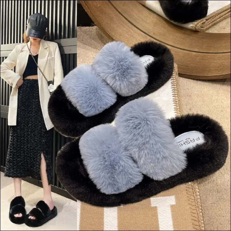 New Color-Blocked Thick-Soled Furry Slippers for Women, Casual Korean Style Parallel-Bar Furry Shoes, Fashionable Home Wear Cotton Slippers for Women