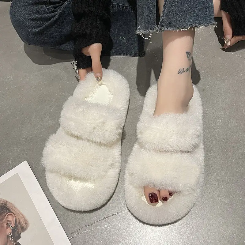 New Color-Blocked Thick-Soled Furry Slippers for Women, Casual Korean Style Parallel-Bar Furry Shoes, Fashionable Home Wear Cotton Slippers for Women