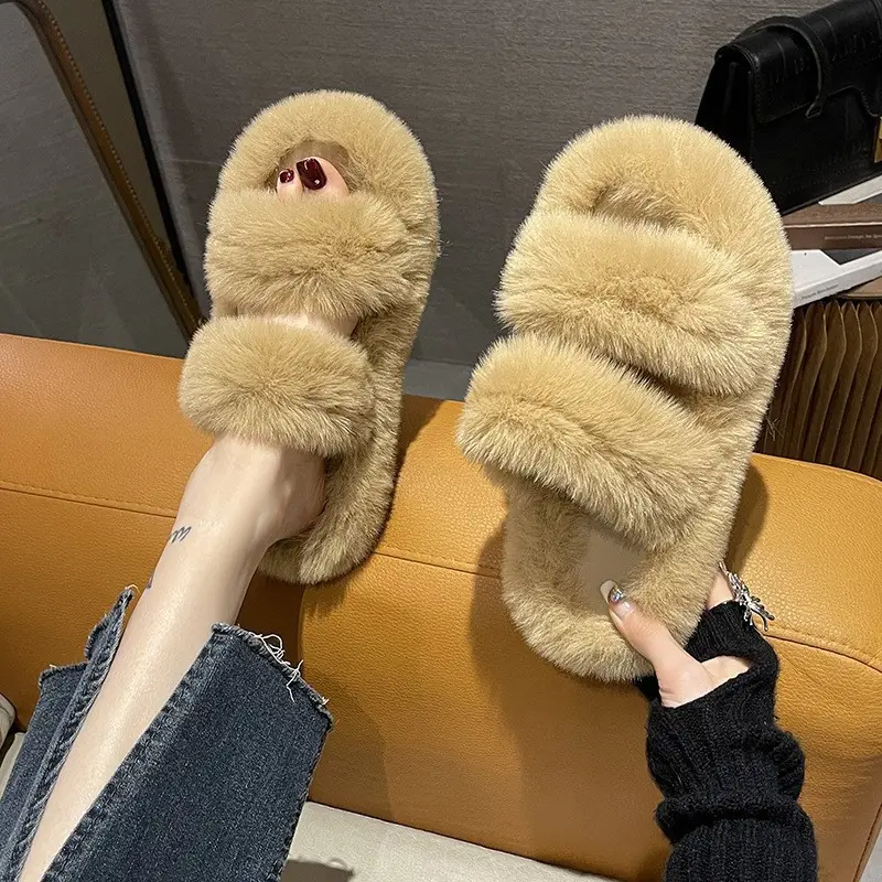 New Color-Blocked Thick-Soled Furry Slippers for Women, Casual Korean Style Parallel-Bar Furry Shoes, Fashionable Home Wear Cotton Slippers for Women