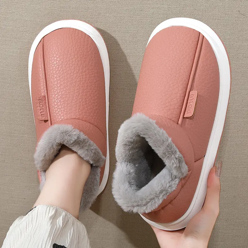 Waterproof Cotton Slippers for Women Winter Indoor Home Household Plush Warm Anti-Slip Men's Winter Pu Cotton Shoes Men's Wholesale - Image 4