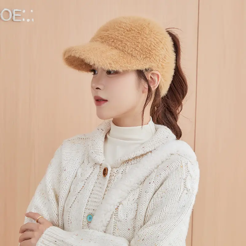 Women Wool Knitted Baseball Cap with Ponytail Winter Warm